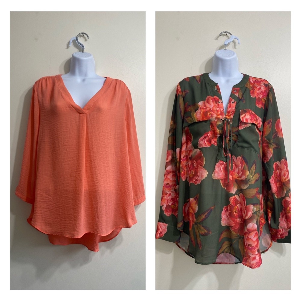Boho Floral Bundle a.n.a Womens Large Coral Olive Green Lace Up‎ V-Neck Blouses